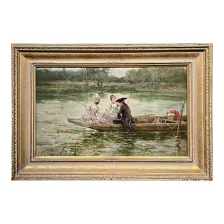 Leon Moran—Elegant Figures Fishing on the Water-19th-Century American Romantic Oil Painting For Sale