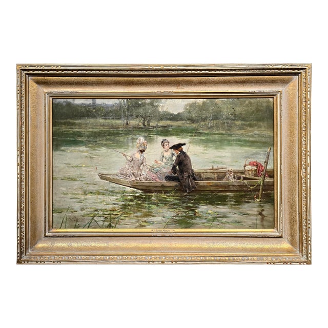 Leon Moran—Elegant Figures Fishing on the Water-19th-Century American Romantic Oil Painting For Sale