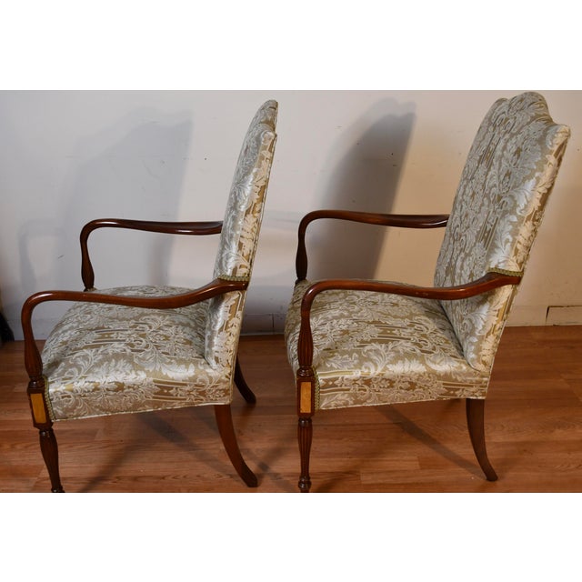 1980s Hickory Chair English Hepplewhite Mahogany Inlay Pair of High-Back Chairs For Sale - Image 14 of 17