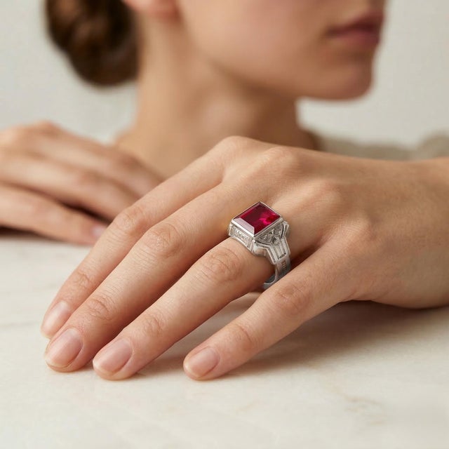 Striking vintage Art Deco ring crafted in solid 10K white gold, featuring a vibrant red colored stone set within a classic...