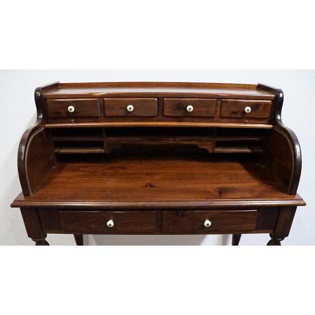 Wood Ethan Allen Antiqued Pine Old Tavern Rustic Americana 40" Roll Top Desk 12-9513 For Sale - Image 7 of 16