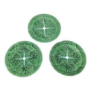 Vintage Portuguese Majolica Lettuce Leaf Plate, Set of Three For Sale