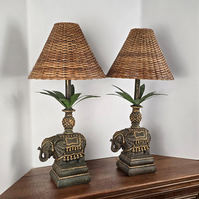 Pair of British Colonial Style Elephant Table Lamps With Rattan Shades For Sale In West Palm - Image 6 of 13