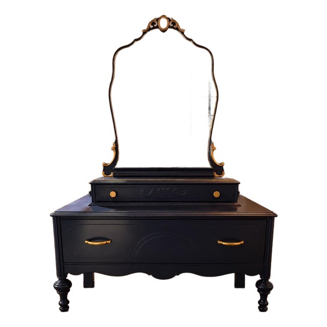 Vintage Gettysburg Furniture - Navy Blue Vanity With Mirror For Sale