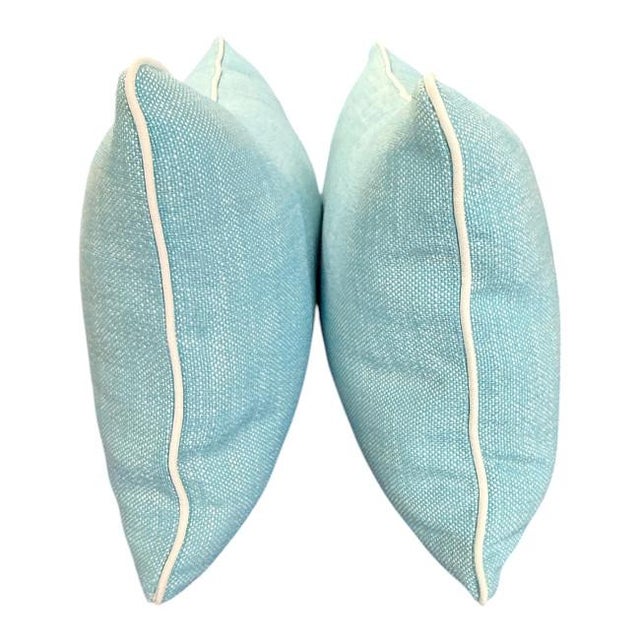 Pair of Indoor/Outdoor Aqua Lumbar Pillows With White Contrast Welt For Sale - Image 4 of 8