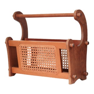 1970s Mid-Century Wood and Cane Magazine Rack For Sale