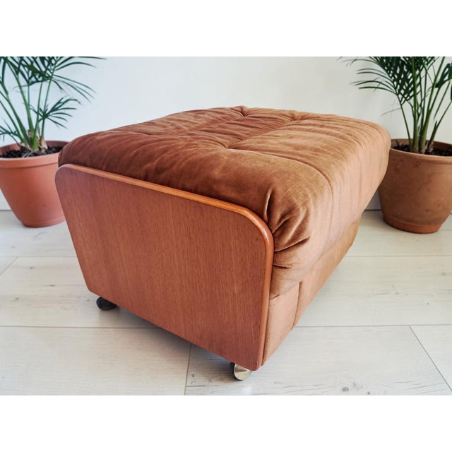 Mid-Century Modern Mid-Century Saddle Ottoman in Teak and Caramel Velour on Castors from G-Plan, 1980s For Sale - Image 3 of 14