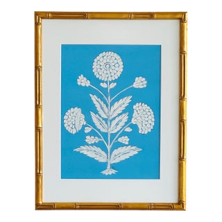 Original Hand-Painted Blue & White Abstract Floral Motif Painting, Framed For Sale