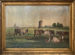Early 20th Century "Cattle With Windmills" Landscape Watercolor Painting, Framed