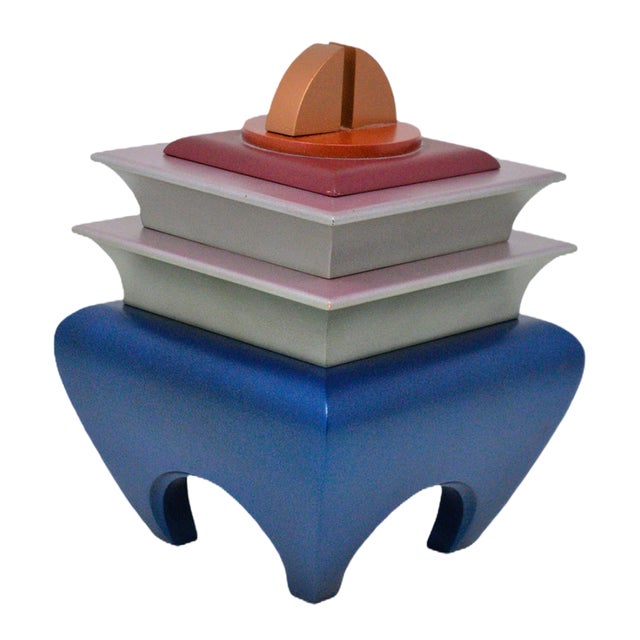 Artist Crafted Pagoda Style Metallic Wood Stacking Catchall Box For Sale