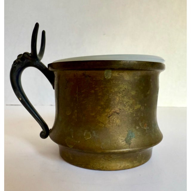 Glass Antique Brass Shaving Mug With Milk Glass Liner & Silver-Toned Shield Cartouche For Sale - Image 7 of 11