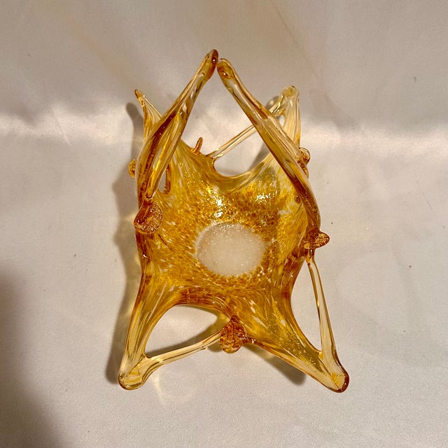1970s Vintage Murano Amber With Gold Fleck Decorative Art Glass Basket Bowl For Sale - Image 5 of 7