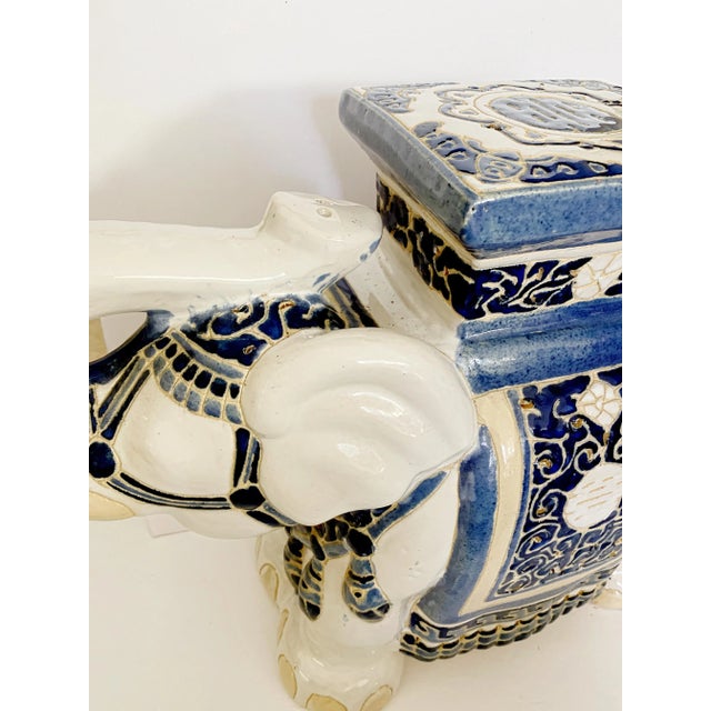 Ceramic Vintage Elephant Garden Stool Blue & White Ceramic / Side Table / Plant Stand, Chinoiserie Style For Sale - Image 7 of 10