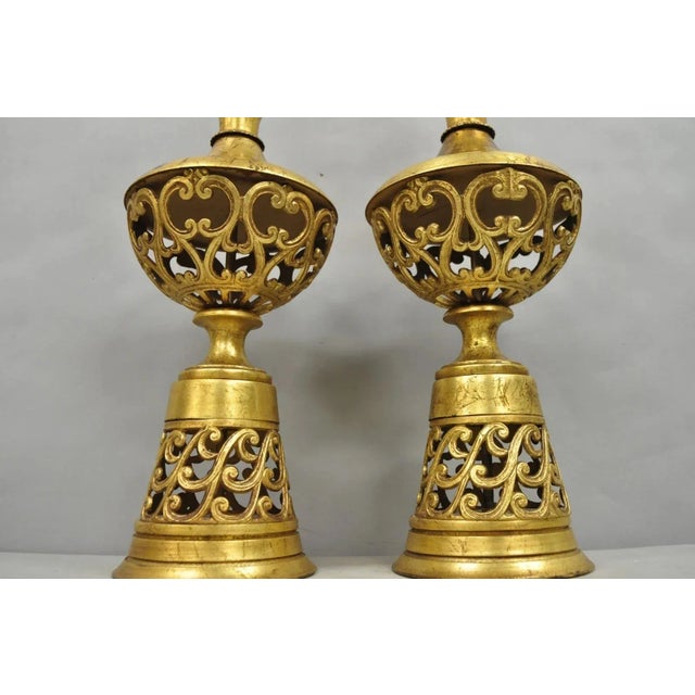 Vintage Italian Hollywood Regency Gold Gilt Iron Metal Fretwork Table Lamps Pair For Sale - Image 4 of 12