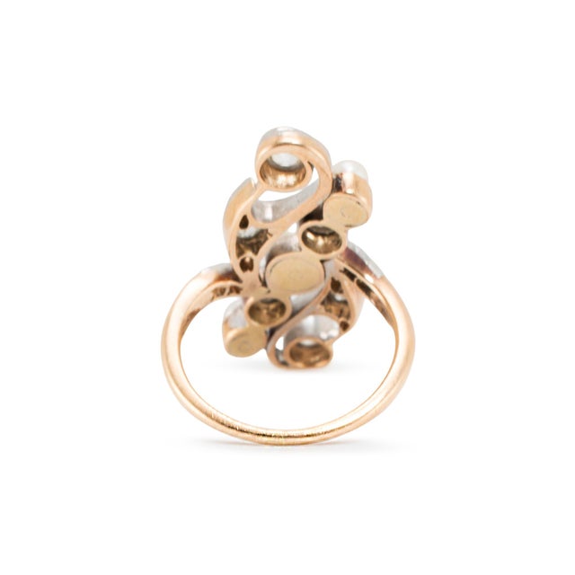 Early 20th Century Antique Platinum 14k Pearl 1.55ctw Old Euro Diamonds Belle ÉPoque Cocktail Ring, Size 6.25 For Sale - Image 5 of 8