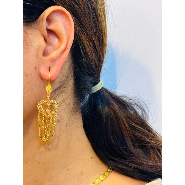 Vintage 21 Kt Yellow Gold 7.5 Gm Heart Dangling Earrings, 2.6 Inch Long For Sale - Image 11 of 18