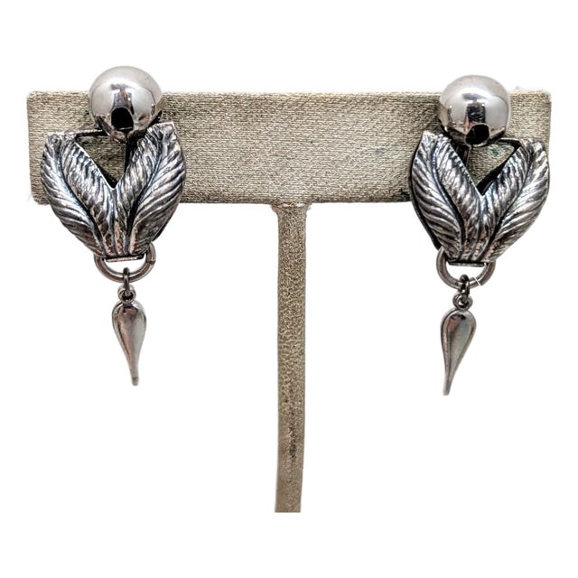 Vintage 1950s Signed Napier Silvertone Laurel Leaves Drop Clip Earrings-2 Pieces For Sale