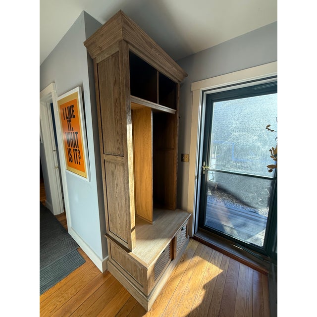 Wood Restoration Hardware Solid Oak Entry Locker Hall Tree With Bench & Shoe Storage For Sale - Image 7 of 9