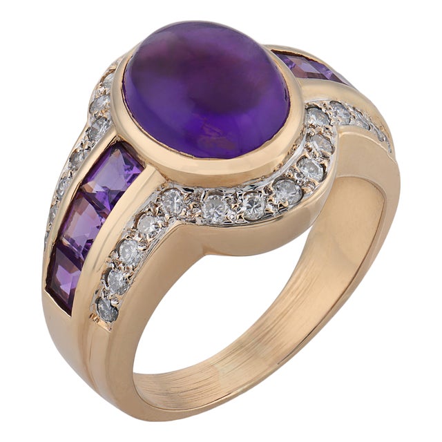 Vintage 2.70 Carat Amethyst Diamond 14k Yellow Gold Ring, Size 5.25 For Sale