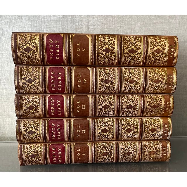Antique 19th Century Fine Leather Book Bindings - Diary of Samuel Pepys - 5 Volumes For Sale - Image 9 of 13