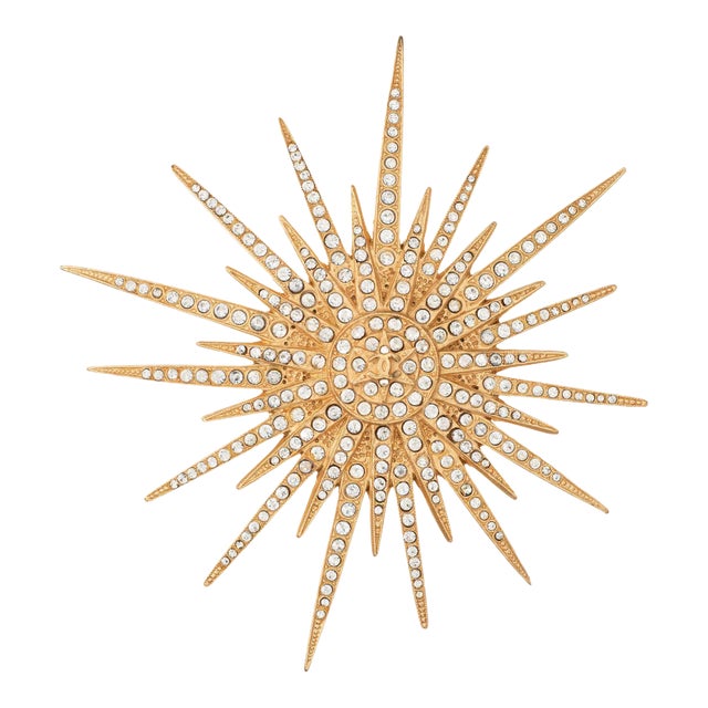 Vintage Chanel Starburst Brooch Pin c2001 Large Crystal Yellow Gold Tone For Sale