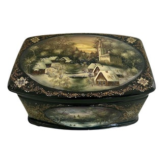 Vintage Russian Black Lacquer Fedoskino Box, Mother of Pearl Sunset, Winter Snow, Artist Signed & Dated For Sale