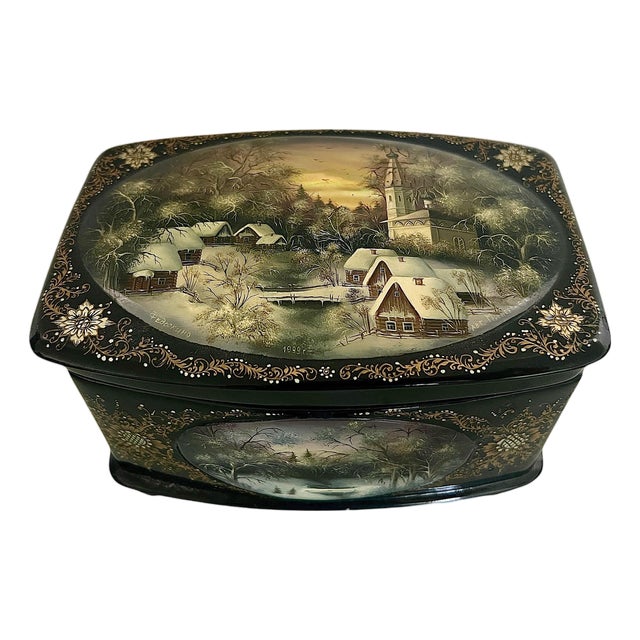 Vintage Russian Black Lacquer Fedoskino Box, Mother of Pearl Sunset, Winter Snow, Artist Signed & Dated For Sale