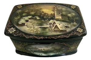 Vintage Russian Black Lacquer Fedoskino Box, Mother of Pearl Sunset, Winter Snow, Artist Signed & Dated