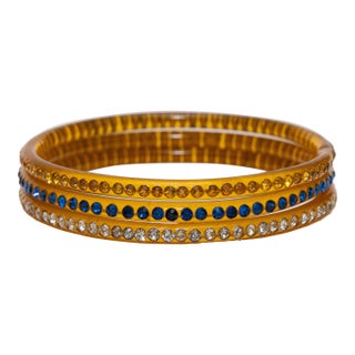 Vintage Trio of 3 Amber Colored Celluloid Bangle Bracelets With Colored Rhinestones 30's For Sale