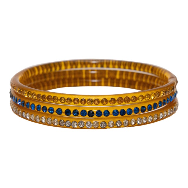 Vintage Trio of 3 Amber Colored Celluloid Bangle Bracelets With Colored Rhinestones 30's For Sale