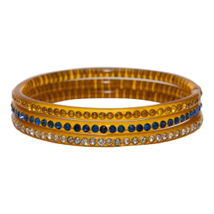 Vintage Trio of 3 Amber Colored Celluloid Bangle Bracelets With Colored Rhinestones 30's