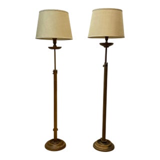 Pair of Ratchet Adjustable Hand Carved Wood Floor Lamps For Sale