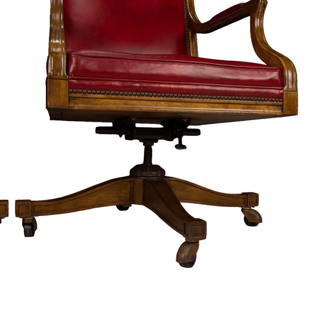 Burgundy Pair of 1980s Baker Furniture Rolling Executive Chairs in Carved Wood & Burgundy Vinyl Upholstery For Sale - Image 8 of 18