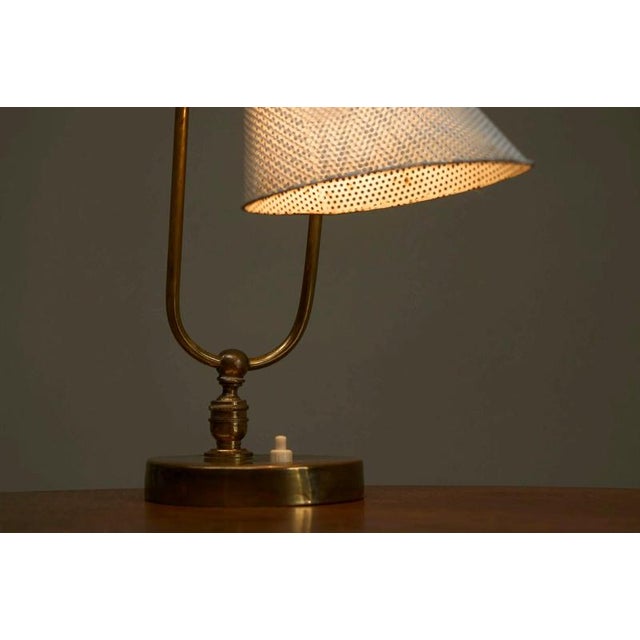 Gold Vintage French Table Lamp in Patinated Brass and Perforated Metal by Mathieu Matégot, 1950s For Sale - Image 8 of 14