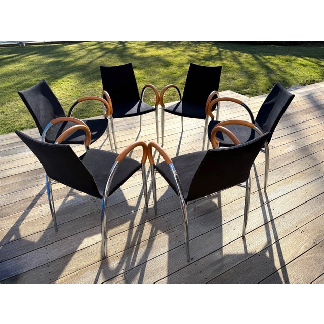 Set of 6 Dining Chairs in Black, Chrome and Wood For Sale - Image 10 of 18