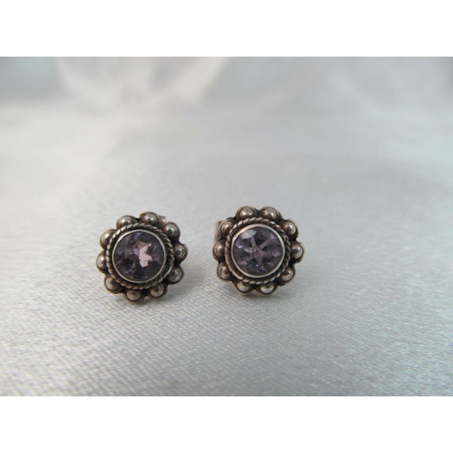 1950s 1950s Southwestern Amethyst and Sterling Petit Point Stud Earrings - 2 Pieces For Sale - Image 5 of 6