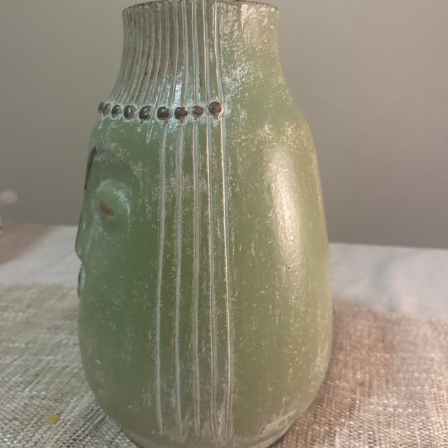 Contemporary 1970s Green Ceramic Vase With Face Motif For Sale - Image 3 of 7