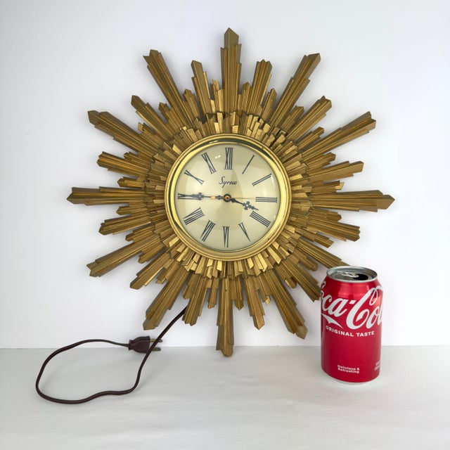 Midcentury Gilt Syroco Sunburst Clock 16” Electric For Sale - Image 11 of 11