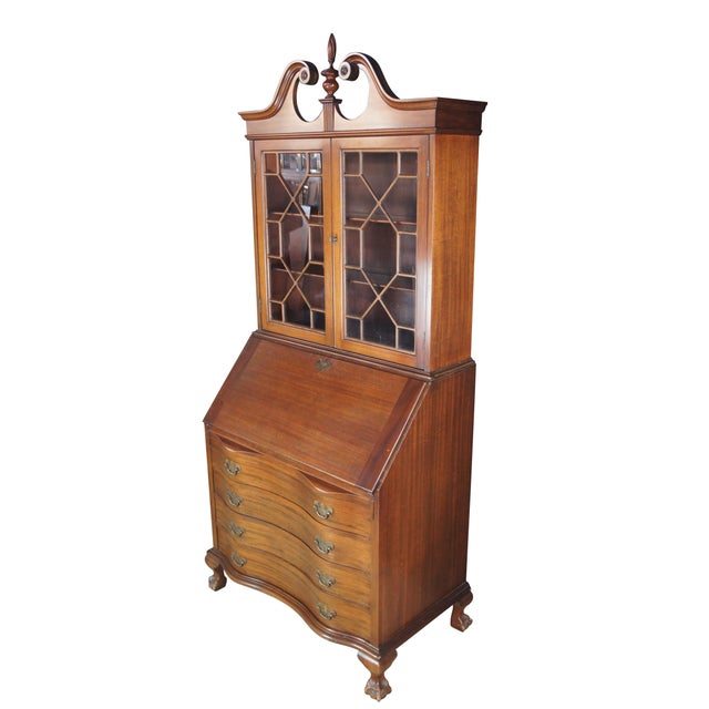 Chippendale Antique Maddox Chippendale Mahogany Serpentine Secretary Writing Desk Bookcase For Sale - Image 3 of 14