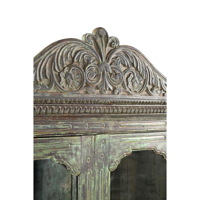 Antique Anglo-Indian Carved and Painted Teakwood Armoire/Bookcase, with exuberantly carved lower door panels centered with...