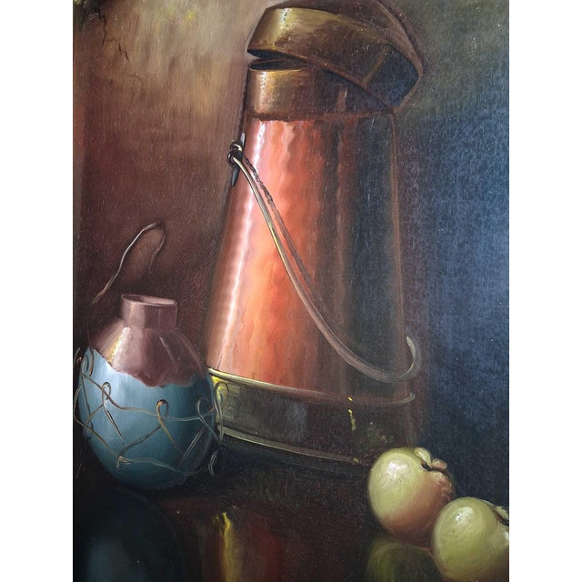 Mid 20th Century Vintage Realist Still Life Oil Painting With Copper Coffee Pot and Fruit, Signed J. Gardner For Sale - Image 5 of 12