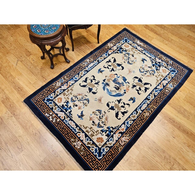 Vintage Chinese Art Deco Area Rug, Hand-Knotted Wool Pile, Ivory Field, 5' x 7' For Sale In Chicago - Image 6 of 16