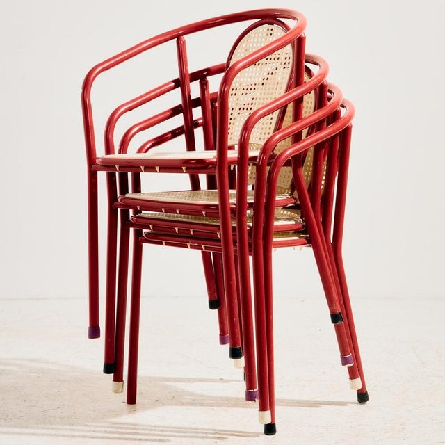 Stackable garden armchair from the 1980s. The chair’s structure is made of metal, the seat and backrest are made of...