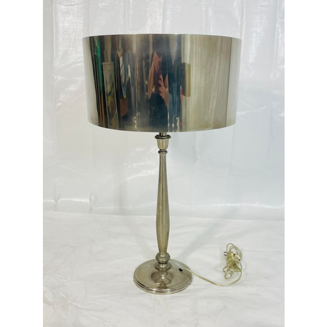 Pair of Nickel-Plated Modern Table Lamps With Matching Metal Shades For Sale In Los Angeles - Image 6 of 14
