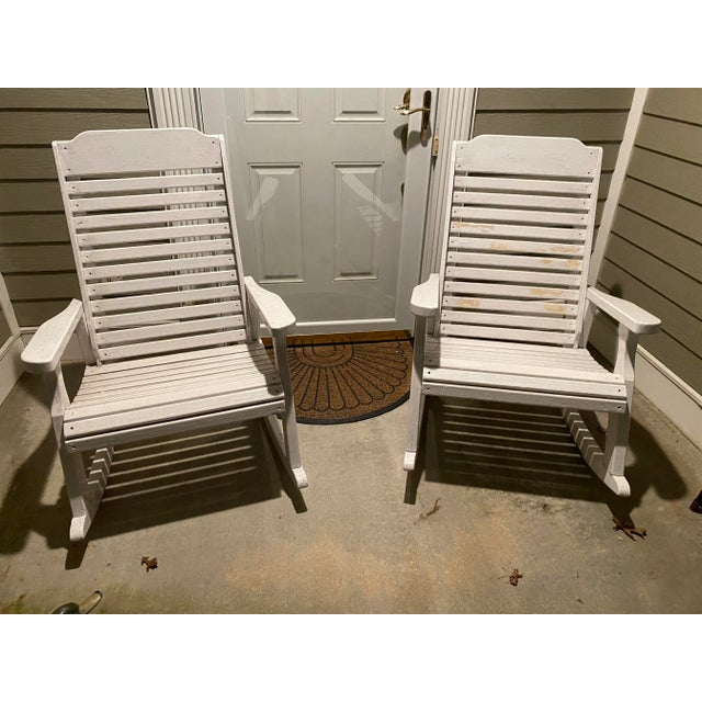 PAIR of White Wooden Rocking Chairs with Arms. Heavy Duty Construction.