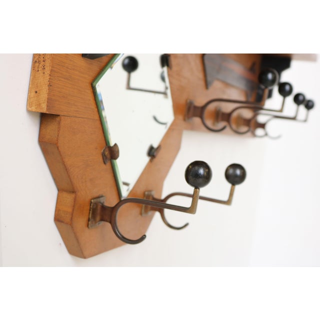 Dutch Art Deco Coat Rack with Beveled Mirror in Oak, 1930 For Sale - Image 3 of 10