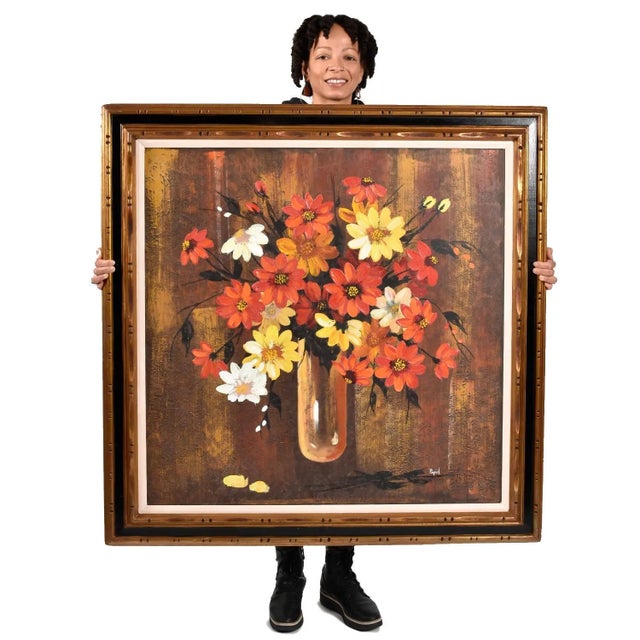 Lee Reynolds Mid-Century Modern Red and Yellow Floral Still Life Painting Gilded Frame For Sale - Image 4 of 11