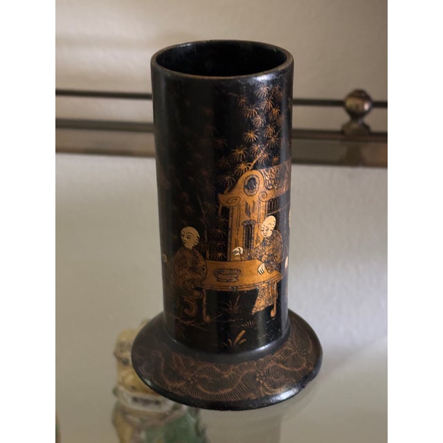 Chinoiserie Antique English Papier-Maché Chinoiserie Spill Vase / Brush Holder in Black and Gold For Sale - Image 3 of 18