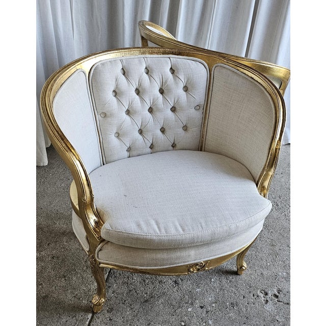 1920s French Gilt Wood Louis XV Style, Fauteuil Marquise Pair of Chairs, Tufted Chairs For Sale - Image 18 of 18