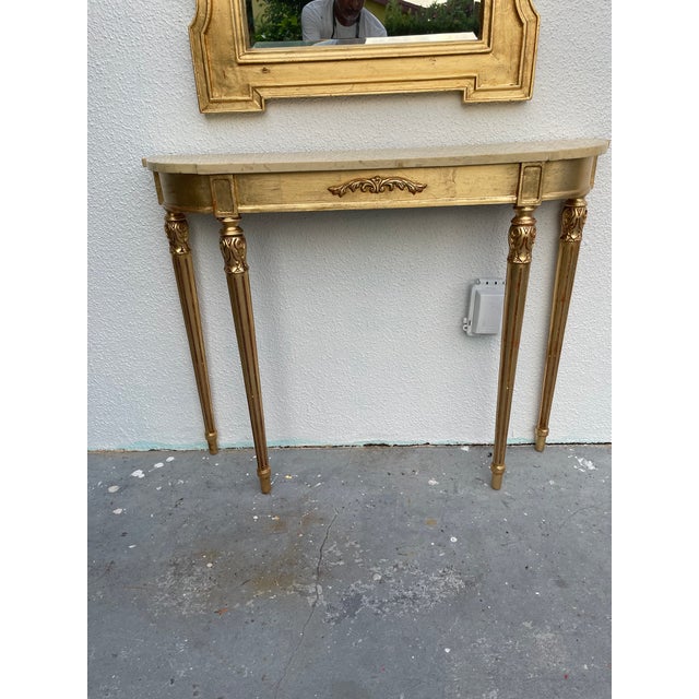 Wood 1950s Restored Neoclassical Gilt Console Table & Mirror Set With Polished Stone Top | Hand-Finished Gold Leaf For Sale - Image 7 of 9